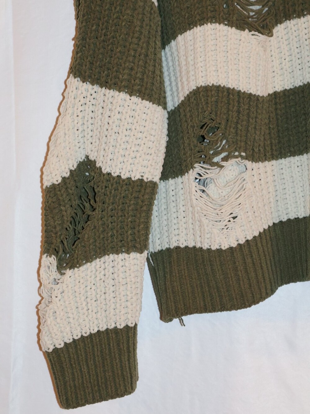 POL Olive Green and Cream Distressed Striped Knit Sweater. - Picture 7 of 13